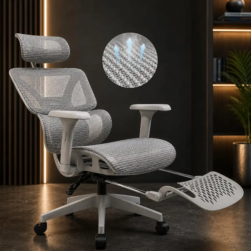 Cadeira Ergonômica Escritório Reclinável Vmstark com Apoio para Pés Ajuste Lombar Pescoço até 150kg Cinza
