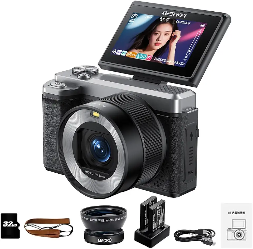 Câmera Fotográfica Digital 80MP Interpolado | Sensor CMOS 12MP, Vídeo 5K, Zoom Digital 18X, Flash, Tela HD 3.0, Wi-Fi, 32GB, Bateria Extra e Carregador