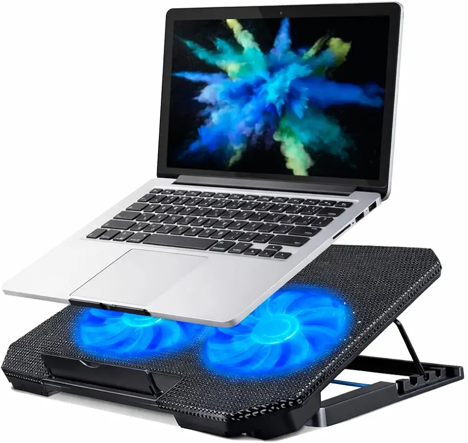 Base Suporte para Notebook até 17" com Cooler Duplo Ultra Silencioso, LED Azul, 8 Níveis de Altura, USB Extra – Refrigeração Potente e Conforto Ergonômico