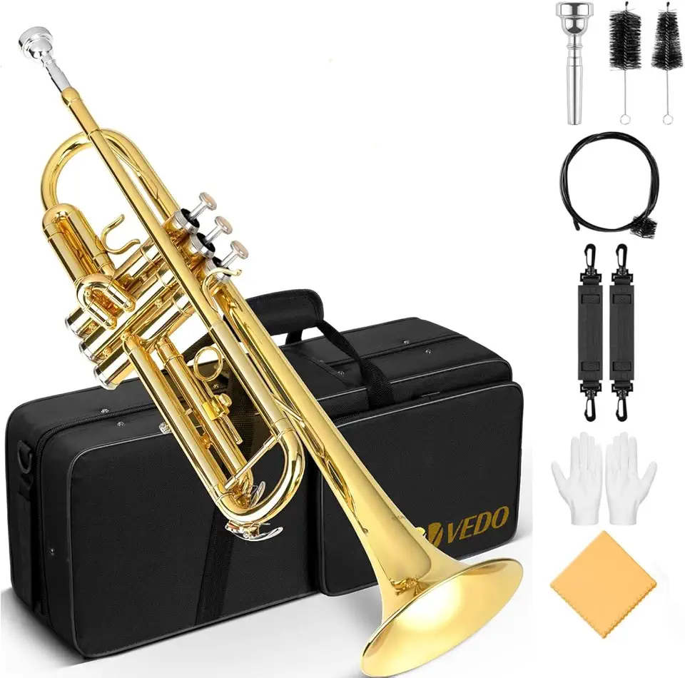 VEDO Conjunto Trompete Standard Bb Student - Trompete de metal Latão para estudantes com bocal rígido 7C e luvas, Estojo Rígido, adequado para iniciantes ou estudantes avançados, orquestras, dourado