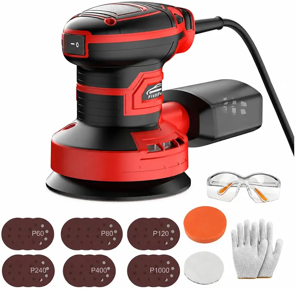 FINYQBET Lixadeira Orbital 450W com Coletor de Pó, 6 Velocidades (127V) | 7000-15000 RPM, Lixamento 360°, 20 Lixas, Coletor de Pó Removível, para Madeira, Metal/Paredes/Polimento Automotivo