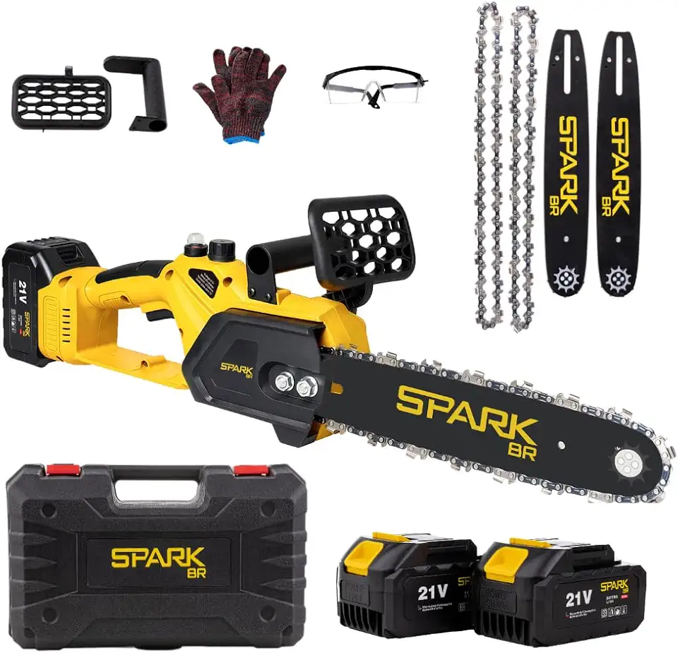 Moto Serra Elétrica 12 Polegadas 300mm 21V Portátil 2 Baterias 3000mAh 4800RPM Recarregável Spark BR Poda Jardim Arvores AMG-MS03 Maleta Acessórios