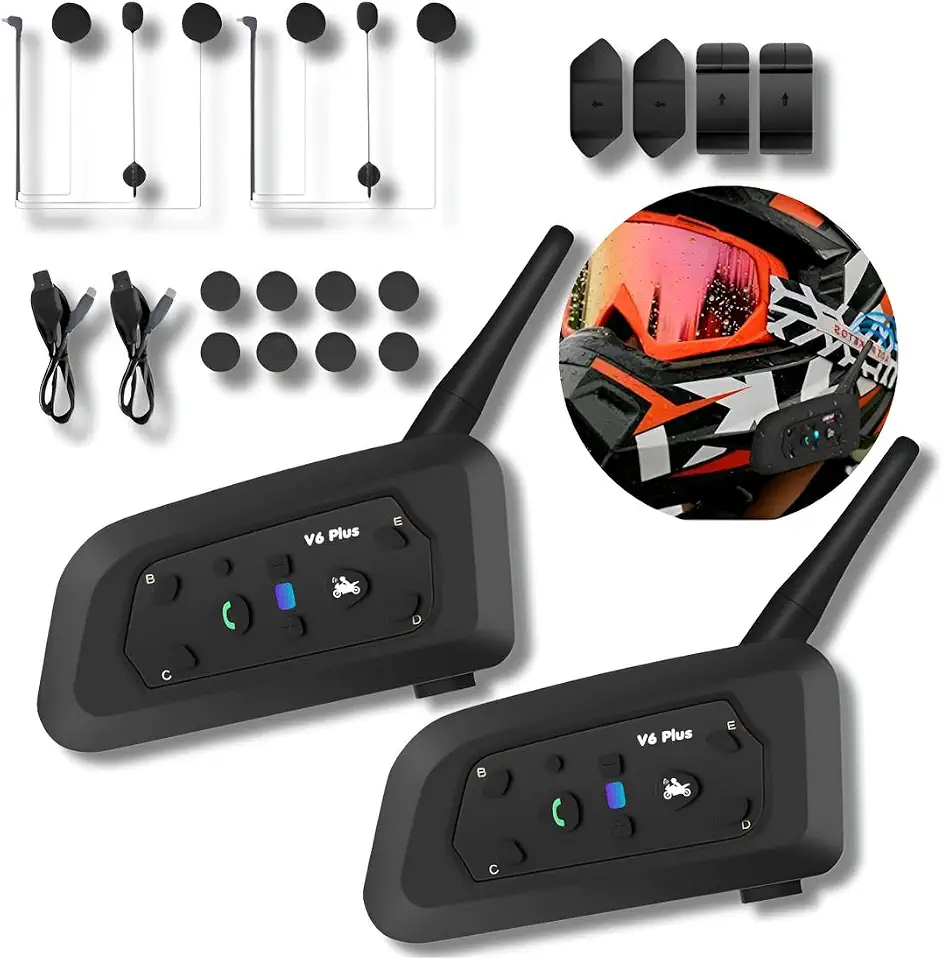 Intercomunicador V6 Plus Bluetooth para Capacete Moto Comunicação até 6 Fones Resistente à Chuva Bateria 850mAh 2 Unidades com Microfone Estéreo e Clipes