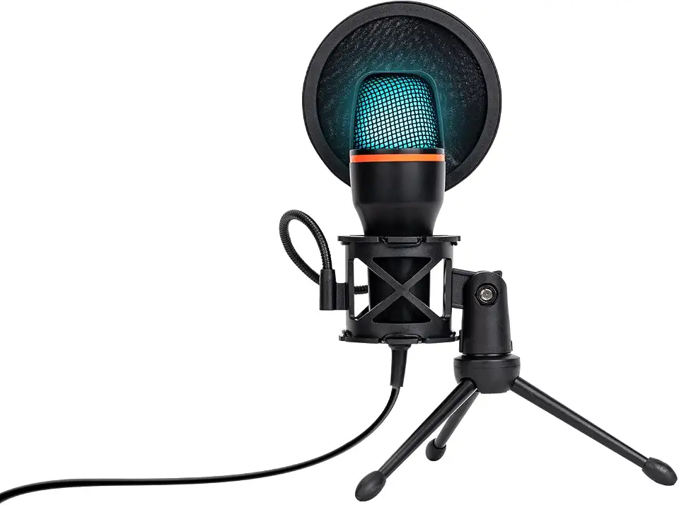 Microfone Condensador RGB, Microfone de Mesa, Microfone Gamer – Com Cancelamento de Ruído, Plug-and-Play, Controle de Volume e Eco, com Tripé, Shock Mount e Pop Filter – Ideal para Gravação, Podcast
