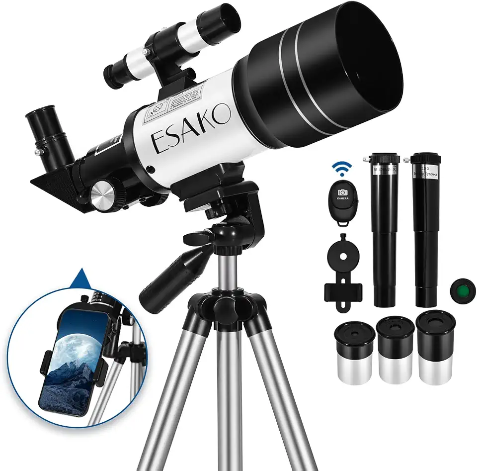 ESAKO Telescópio para crianças e adultos, telescópios portáteis para iniciantes de 70 mm com 3 oculares, tripé ajustável em altura e adaptador de telefone