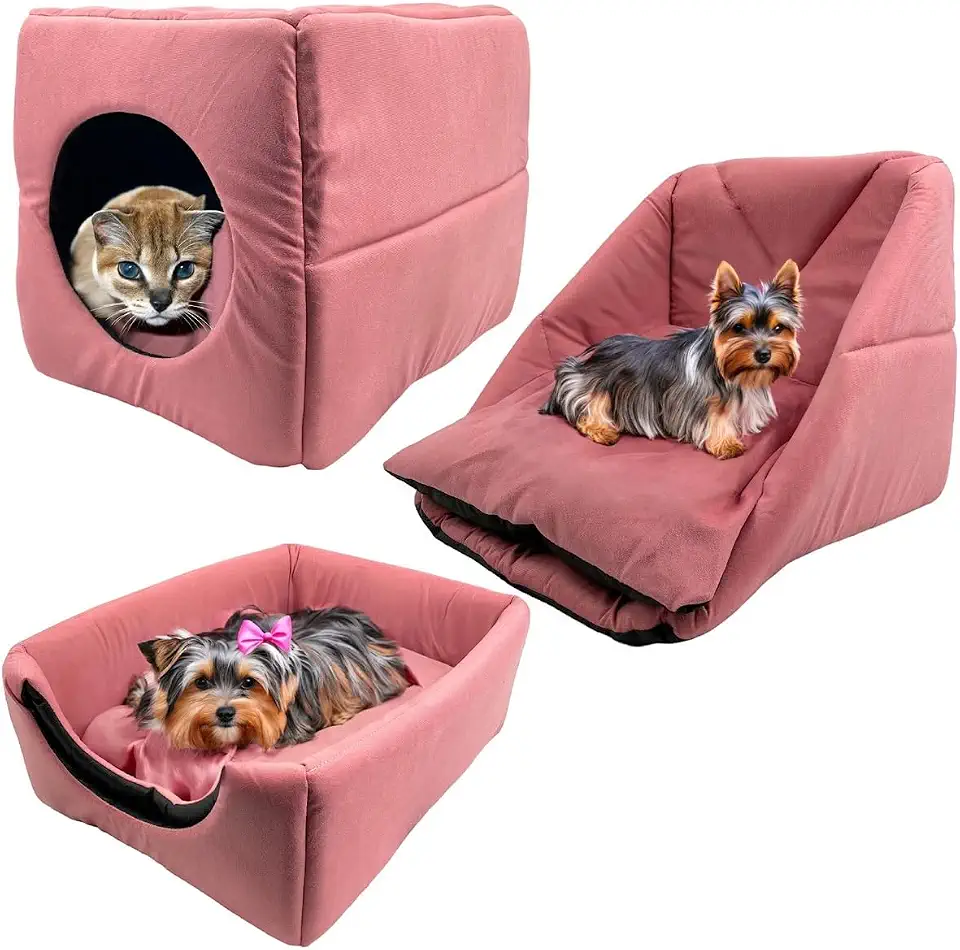 Cama 3em1 Suede Pequeno para Cachorro Gato Pet Cubo Toca Iglu (Rosa)