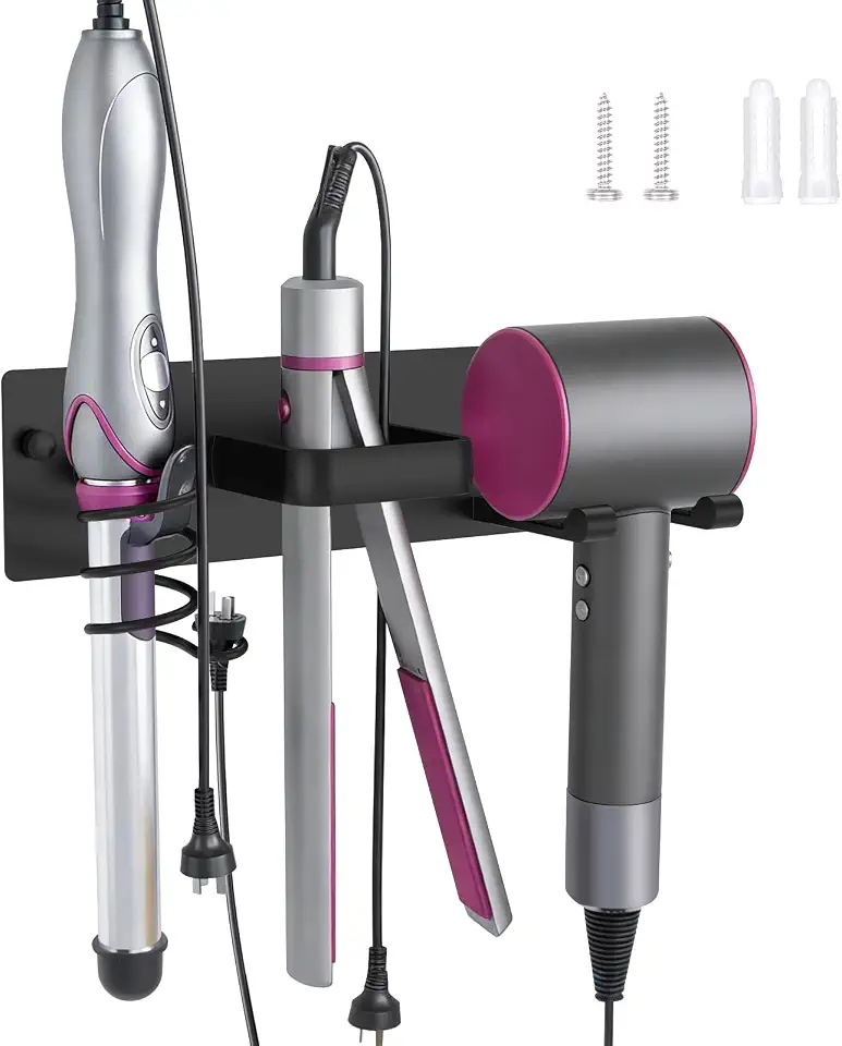 Suporte para secador de cabelo - Suporte 3 em 1 para secador de cabelo, suporte de parede 3 em 1, organizador de ferramentas de cabelo de banheiro para secador de cabelo, chapinha, chapinha, preto