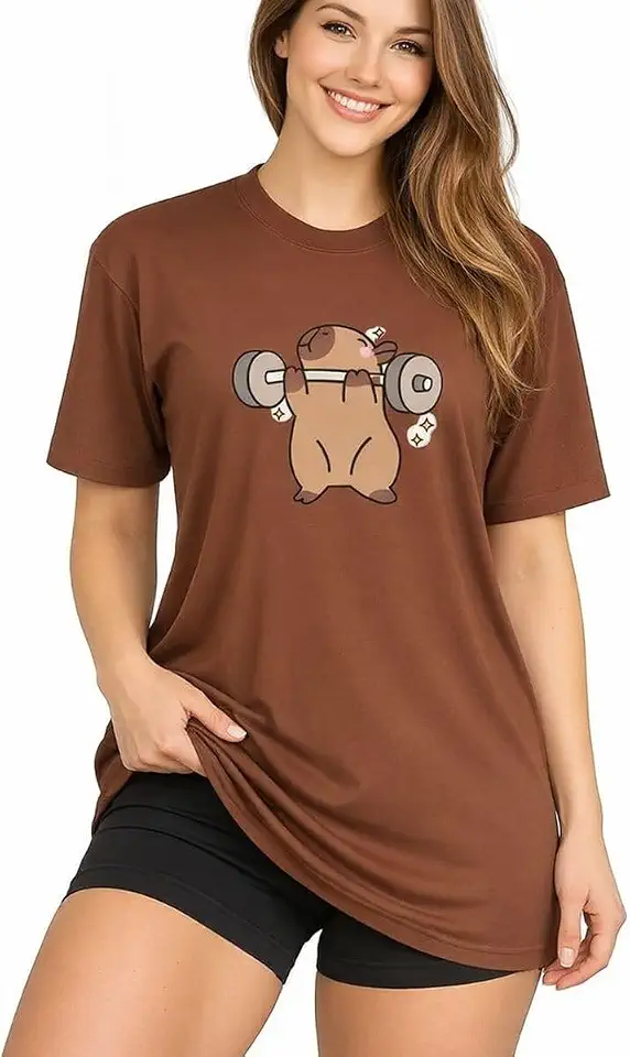 Camiseta Blusão Feminina Academia Fitness com Estampa Capyvara, Manga Curta, 100% Algodão, Gola Redonda, Casual
