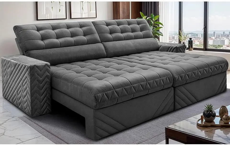 Sofá Retrátil e Reclinável 2,30m Molas Ensacadas Max Spring Velusoft Cinza Cama Inbox