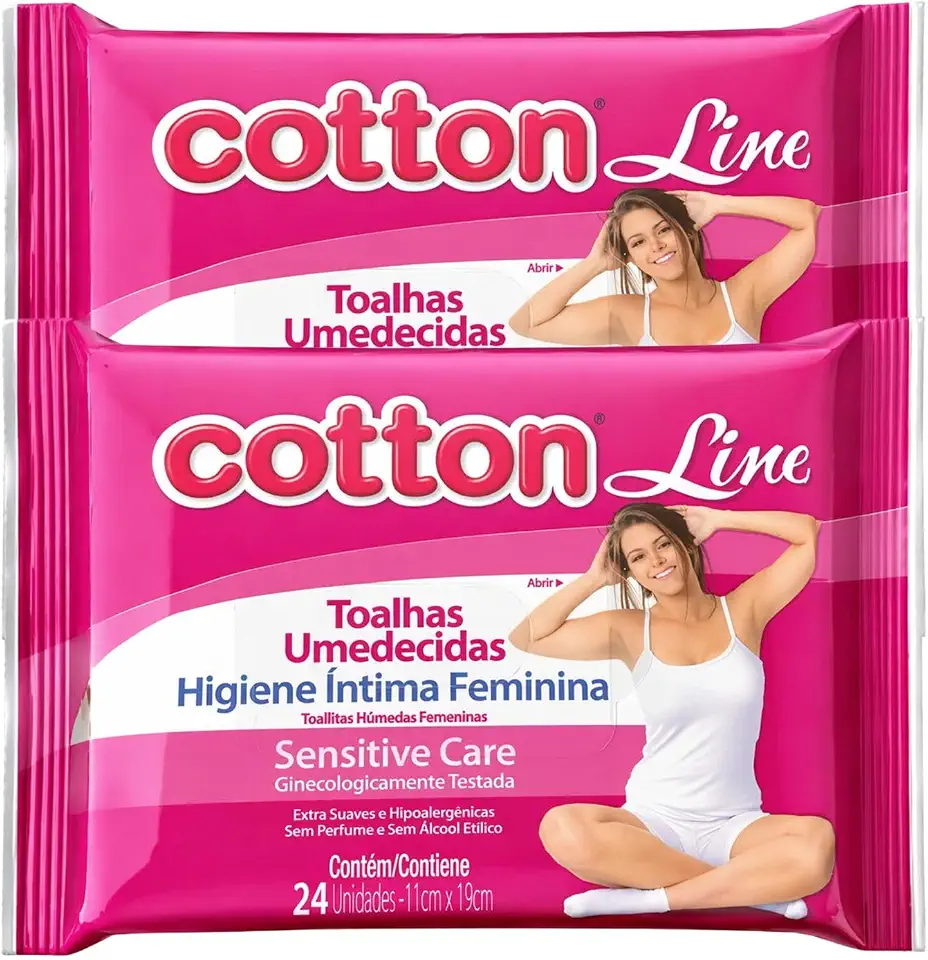 Lenços Umedecidos - Íntimas Femininas Cotton Line Sensitive Care 48 Unidades – Sem Álcool e Sem Perfume | Higiene Íntima Suave, Hipoalergênica e Dermatologicamente Testada