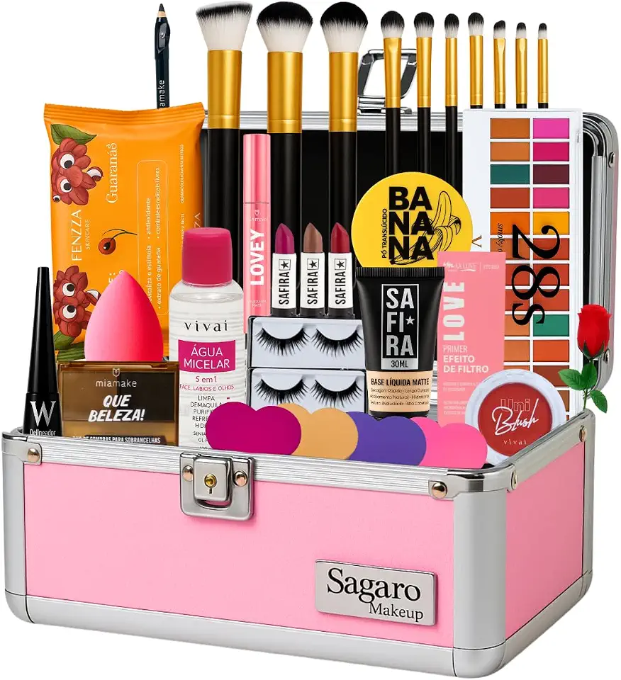Maleta Super Completa Grande Maquiagem Profissional Linda kit presente esponja maquiagem pincel maquiagem mascara de cilios paleta de sombras presente feminino base lapis de olho (Pele Branca)