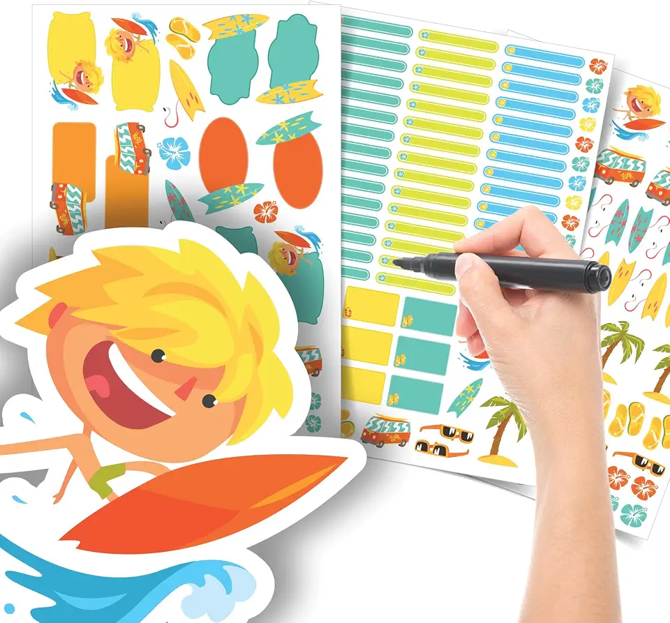 Etiqueta Escolar Menino com TAG + Caneta (Surf Praia, Kit de Etiquetas)