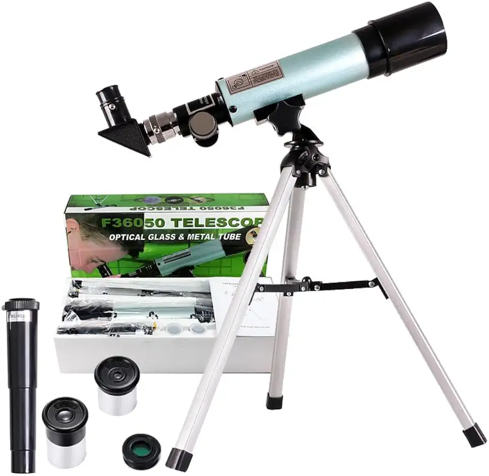 Telescópio para iniciantes, refrator astronômico portátil 90x com tripé de mesa de 38 cm, 2 oculares e lente Barlow de 1,5x, abertura de 50 mm, presente de ciência STEM ideal para crianças explorarem