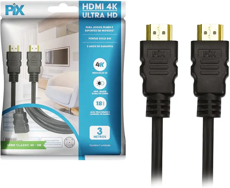 PIX Cabo Hdmi 2.0 4K Hdr 19P 3M Gold, Preto