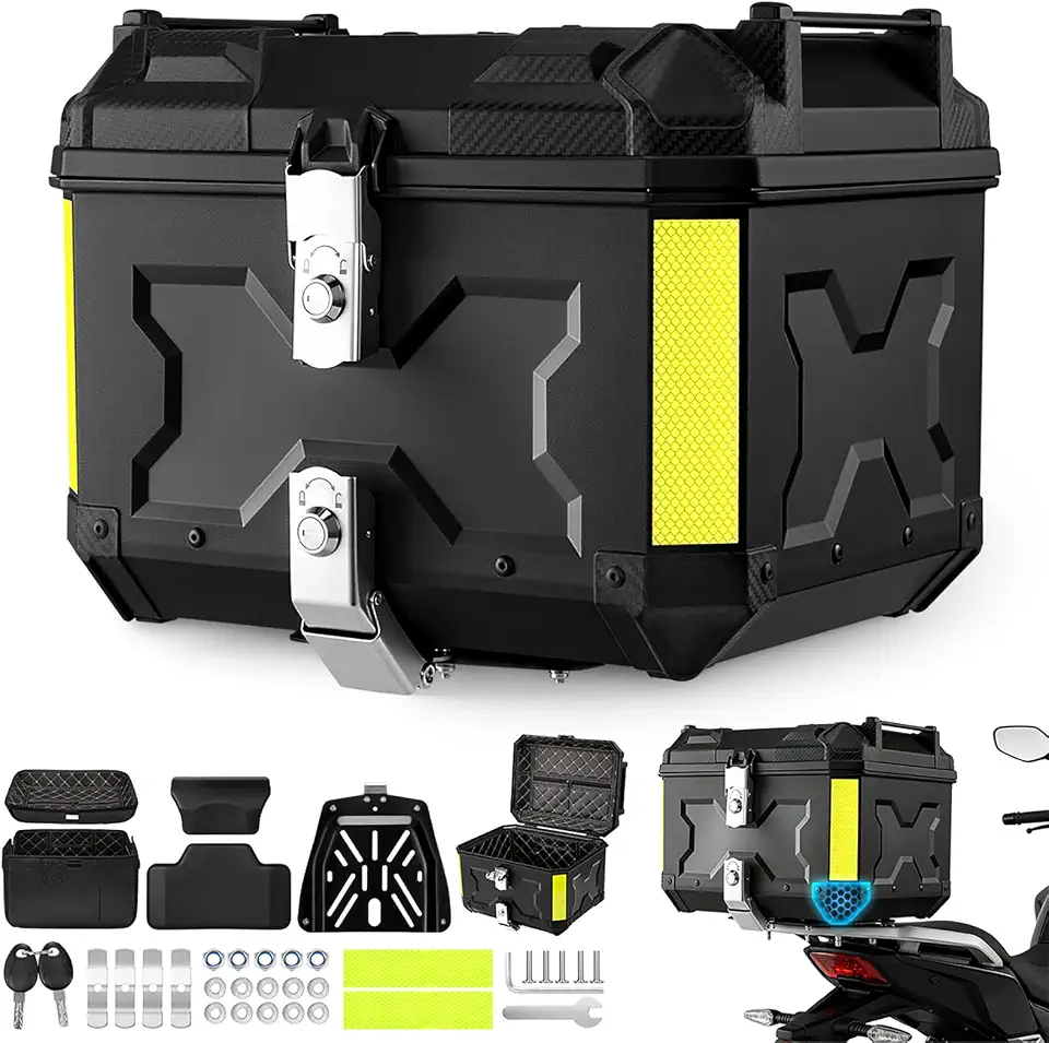 Bau Moto, BateiaPro Baú para Moto Universal, Bauleto 45 Litros de Plástico Impermeável com Estofamento, Encosto e Porta-copos,Faixas Refletoras de Segurança