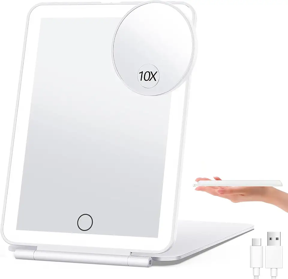Espelho de Maquiagem Portátil com Luz LED e Aumento 10X, Recarregável via USB, 3 Cores, Tela Touch, Ultra Fino e Dobrável, para Viagem, Maquiagem e Escritório