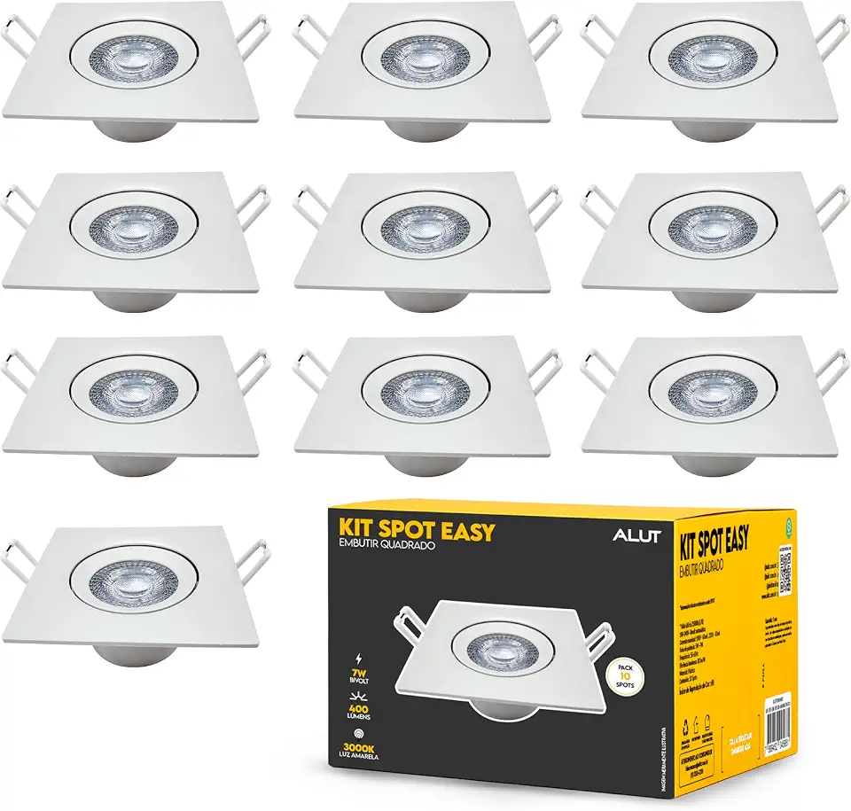 Alut Kit 10 Spot LED 7W Embutir Quadrado, Direcionável Bivolt, 3000K/4000K/6500K, Ideal para Gesso e Sancas