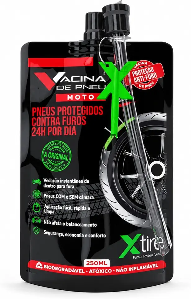 Kit 2 Vacina de Pneu Moto Xtire Selante de pneu antifuro Veda Furos Automaticamente Aplicação para 2 Pneus Proteção definitiva contra furos