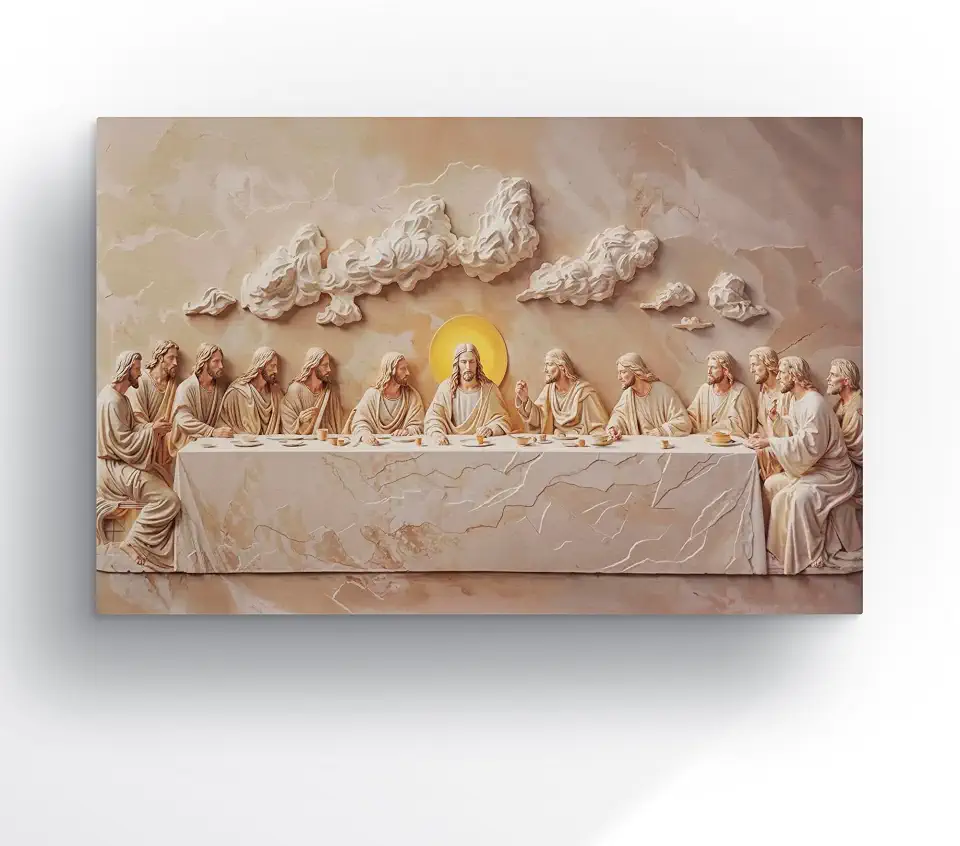 quadro santa ceia canvas tons bege e dourado arte sacra classica decoracao religiosa para capela e igreja 90x60 cm