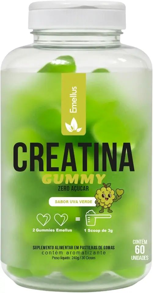 Creatina Gummy Emellus Suplemento Alimentar em Gomas, Sabor Uva Verde, Zero Açúcar, 60 Unidades, 240g, 30 Doses