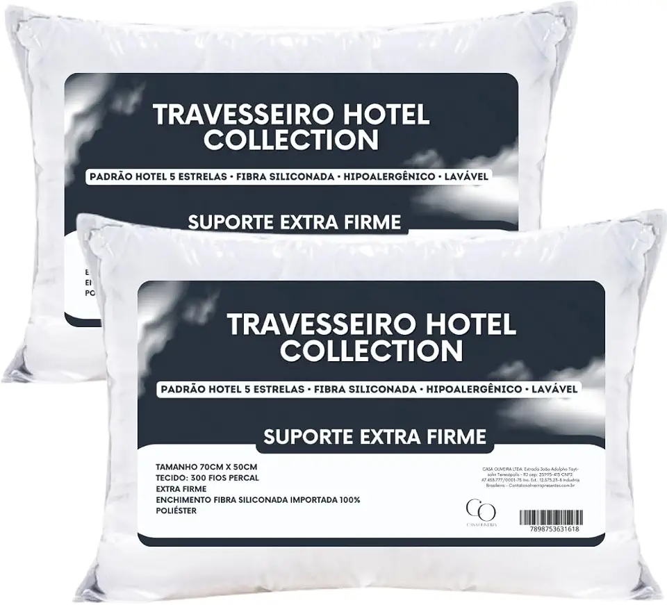 Kit 2 Travesseiros Extra Firme Hotel Collection Confortável Casa Oliveira 70x50cm Antialérgico Premium Lavável Em Máquina Fibras Siliconadas Importadas Hipoalergênico Toque Suave