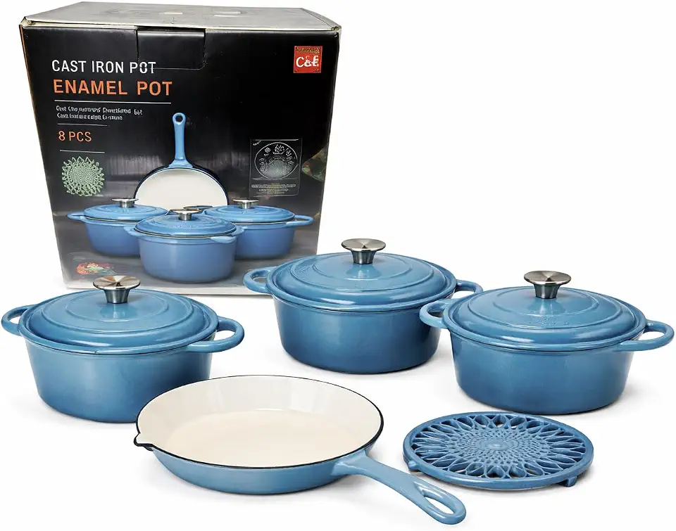 Conjunto de Panelas em Ferro Fundido Esmaltado, 5 Peças, Jogo de Cozinha, com Tampas e 1 Suporte, 3 Panelas Caçarolas 1 Frigideira Forno Fogão a Gás Indução (AZUL)