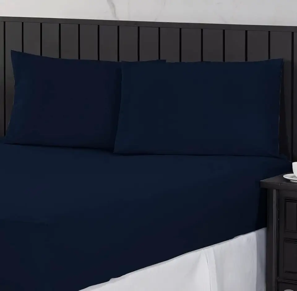 Jogo de Cama Casal Padrão 400 Fios Percal 03 Peças Com Barra, Antiácaro, Anti-pilling com Toque Macio - Azul Marinho