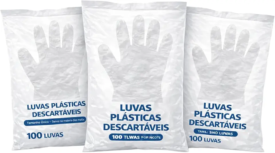 Kit com 3 Pacotes de Luvas Plásticas Descartáveis Transparentes 300 Unidades Tamanho Único Multiuso para Cozinha Limpeza Tintura de Cabelo e Uso Doméstico