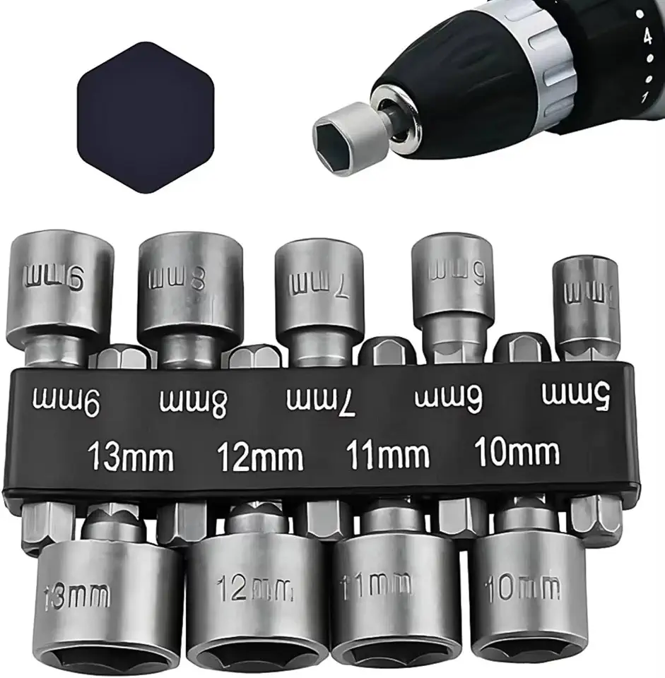 Kit 9 Soquetes Canhão Sextavados Profissional | Aço de Alta Resistência, 5-13mm | Encaixe 1/4" Para Parafusadeira Bits