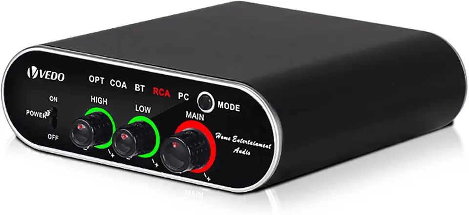 VEDO Mini amplificador de áudio X200, 2×150W 4Ω de potência, Bluetooth 5.0, entradas óptica/coaxial/RCA/PC, som estéreo Hi-Fi para home theater, caixas de som passivas, TV e PC