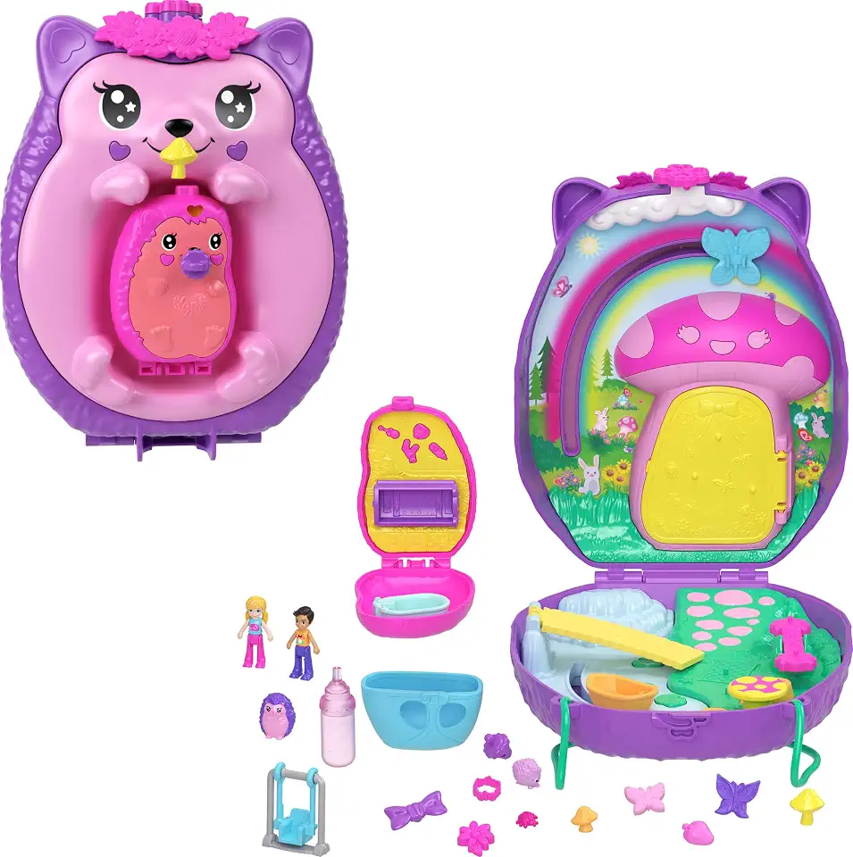 Polly Pocket Conjunto de Brinquedo Compacto Mundo Surpresa Ouriço Mamãe e Bebê para crianças a partir de 4 anos