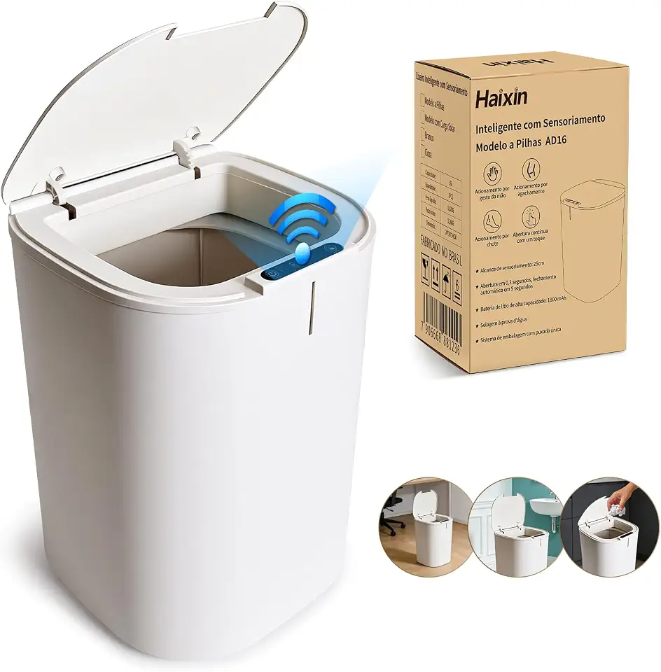 Lixeira inteligente de 16 litros com sensor automático, ideal para banheiros, cozinhas e escritórios (Versão com bateria)
