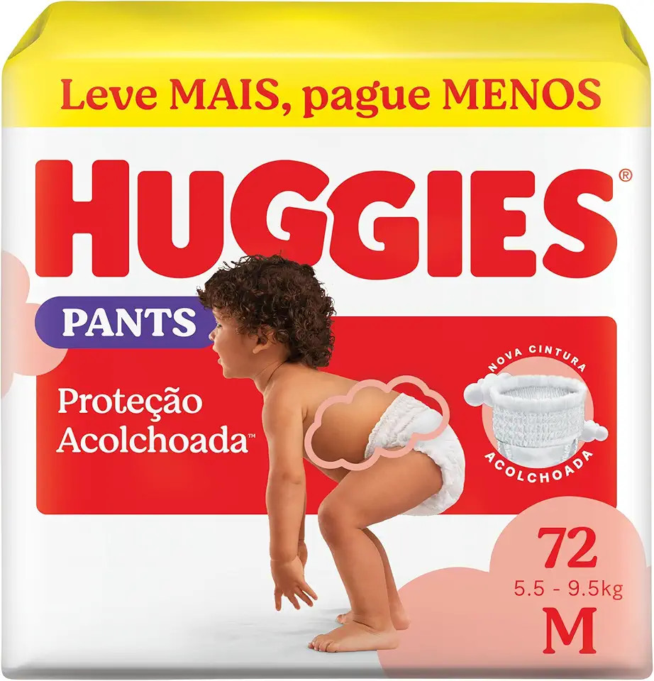 Fralda Pants Huggies Proteção Acolchoada, Tamanho M, 72 unidades, Estilo Roupinha, Cintura Macia, Fácil de Colocar