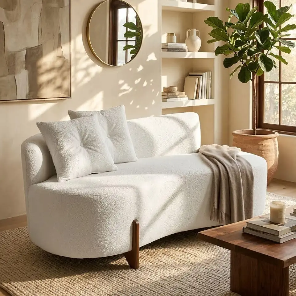 Sofá Orgânico 2 Lugares C/2 Almofadas Curvo Sala Recepção Luna Boucle Pés de Madeira - Montanaris Decor (OFF WHITE)