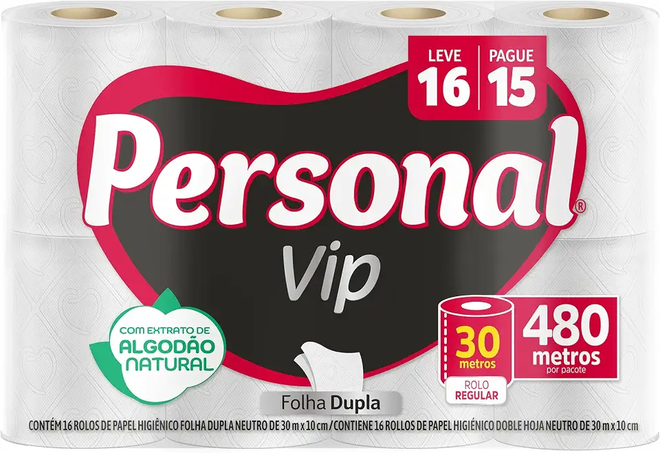 Personal Papel Higiênico Vip Folha Dupla, 16 Unidades Branco (Embalagem Pode Variar)