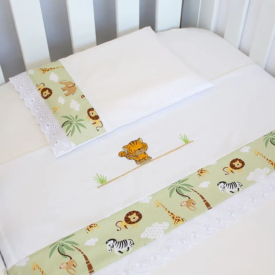 Jogo De Lençol Berço Americano Bordado Bichinhos Floresta, 03 Peças 100% Algodão, Laura Baby