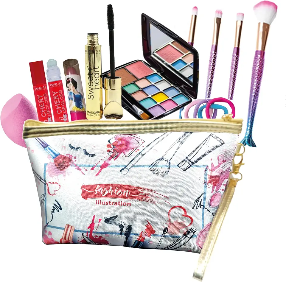 Kit de Maquiagem para Meninas, Jovens, Adultos. Necessarie Feminina, Paleta de Sombras, Pincel de Maquiagem, Esponja, Gloss Labial e mais itens, Maquiagem Infantil, Juvenil, Presente Adolescente, Presente Todas as Idades CN3
