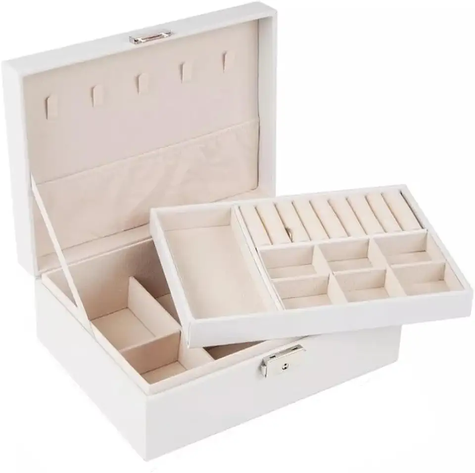 Maleta Porta Joias Elegance Interior em Veludo com Tranca. Estojo Organizadora Grande de Dupla Camada para Joias, Brincos, Anéis, Bijuterias. Porta Jóias para Viagem Porta-Jóias Luxo (Branco)