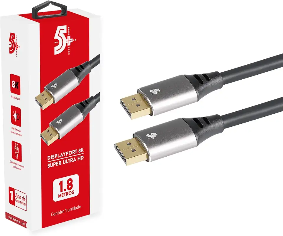 5+ 018-7499 Cabo Displayport Macho x Macho 1.4 Hbr 8K com Trava, Preto, 1.8 m