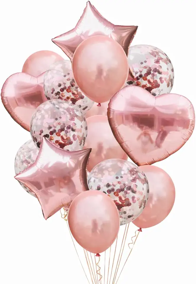 Kit Balões Rose Gold 14 Peças Luma Festas – Balões Metalizados Estrela e Coração com Confete – Decoração Festa Aniversário Casamento