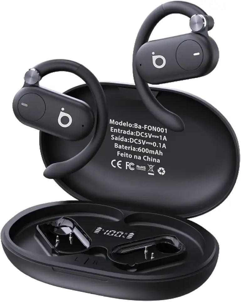 Fones de Ouvido Sem Fio Basike D91, Bluetooth 5.4, Estéreo Hi-Fi, Tela LED, 100h Standby, Leve e Confortável, Ideal para Corrida e Exercícios (Preto)
