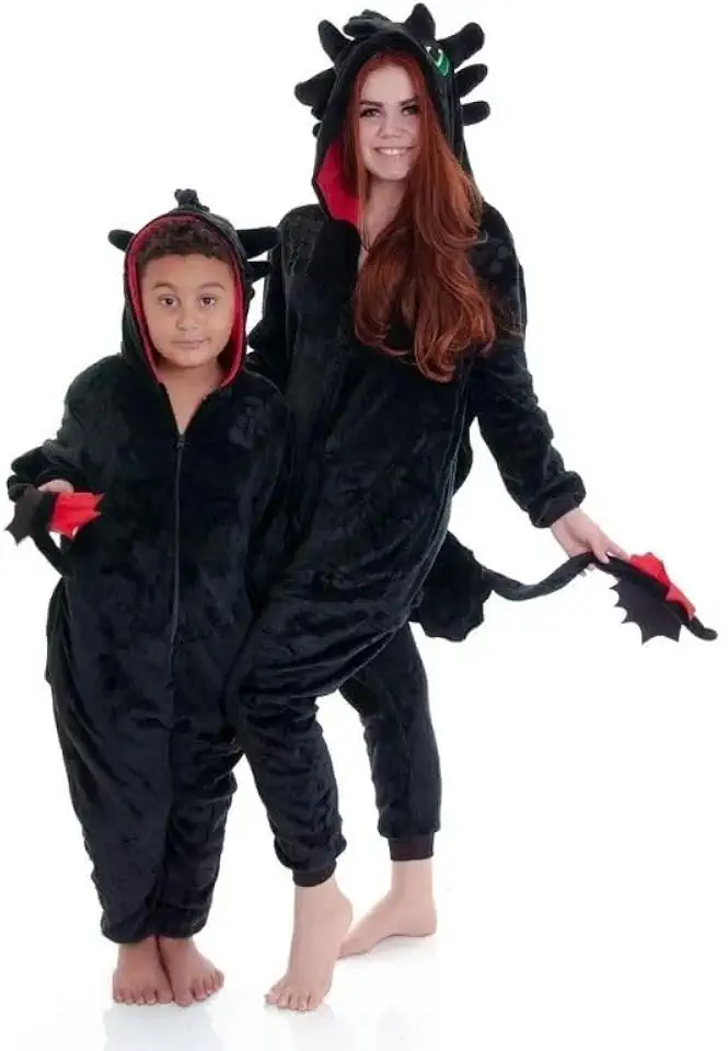 Pijama Kigurumi Dragão preto Infantil 100% Algodão Macacão Festa