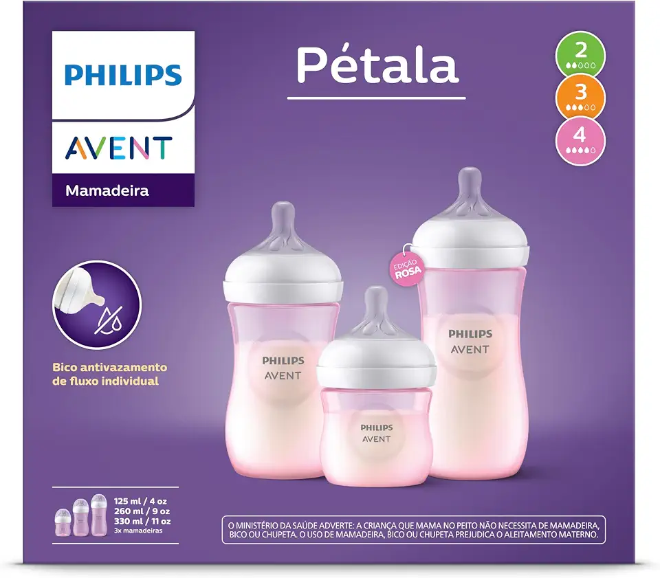 Philips Avent Kit de Mamadeira Pétala, 125ml bico fluxo-lento, 260ml bico fluxo-médio, 330ml bico fluxo-rápido, Rosa SCD838/28