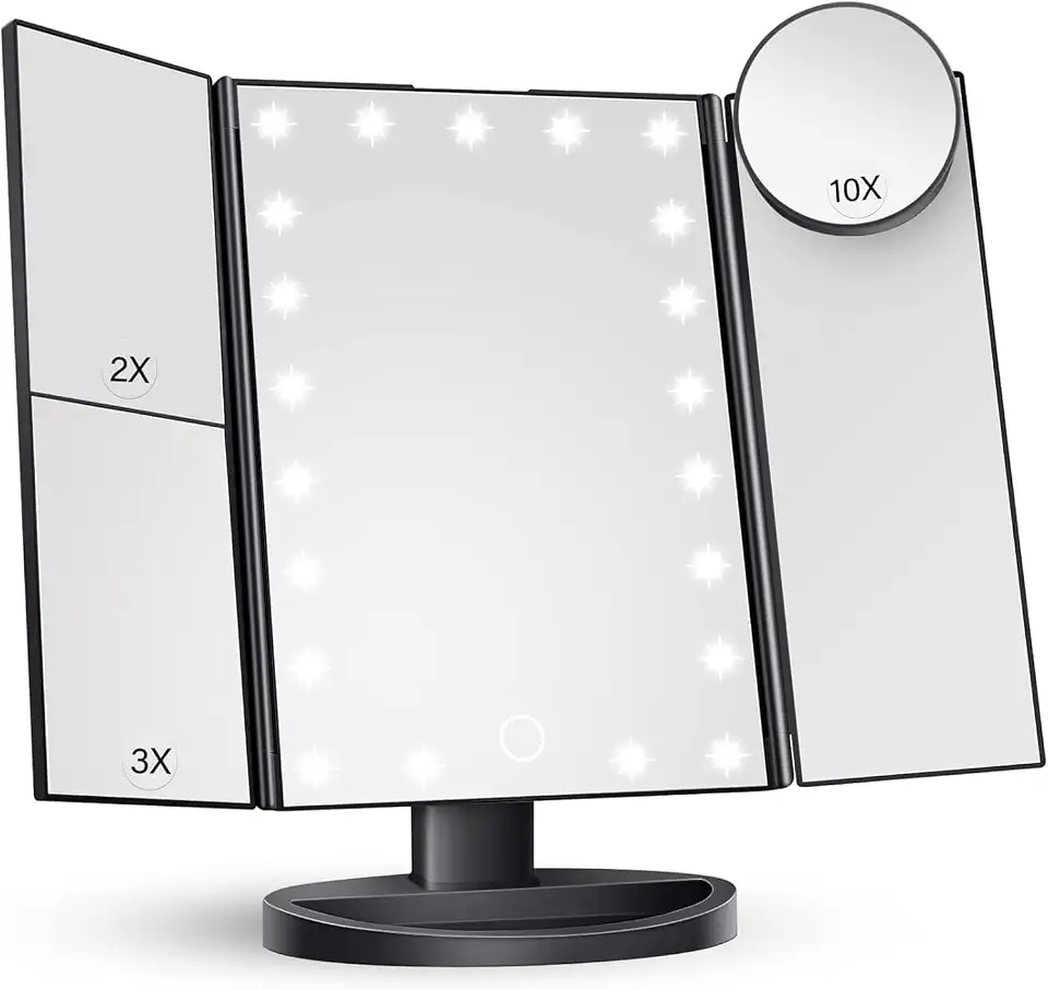 Espelho de Maquilhagem Dobrável com LED, Ampliação 2x/3x/10x, Superfície Espelhada Iluminada, Operação Sensível ao Toque, Espelho Maquiagem 5V