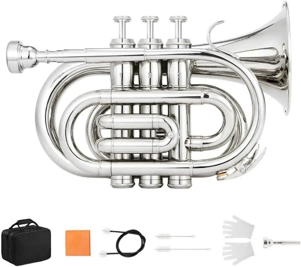 VEDO Pocket Trompete Bb FlatCom Bocal de 7c, Pano de Limpeza, Luvas for Beginners Students, Profissional Trompete, Trumpetde Latão, de Blauta B, Instrumento de Infantil prata