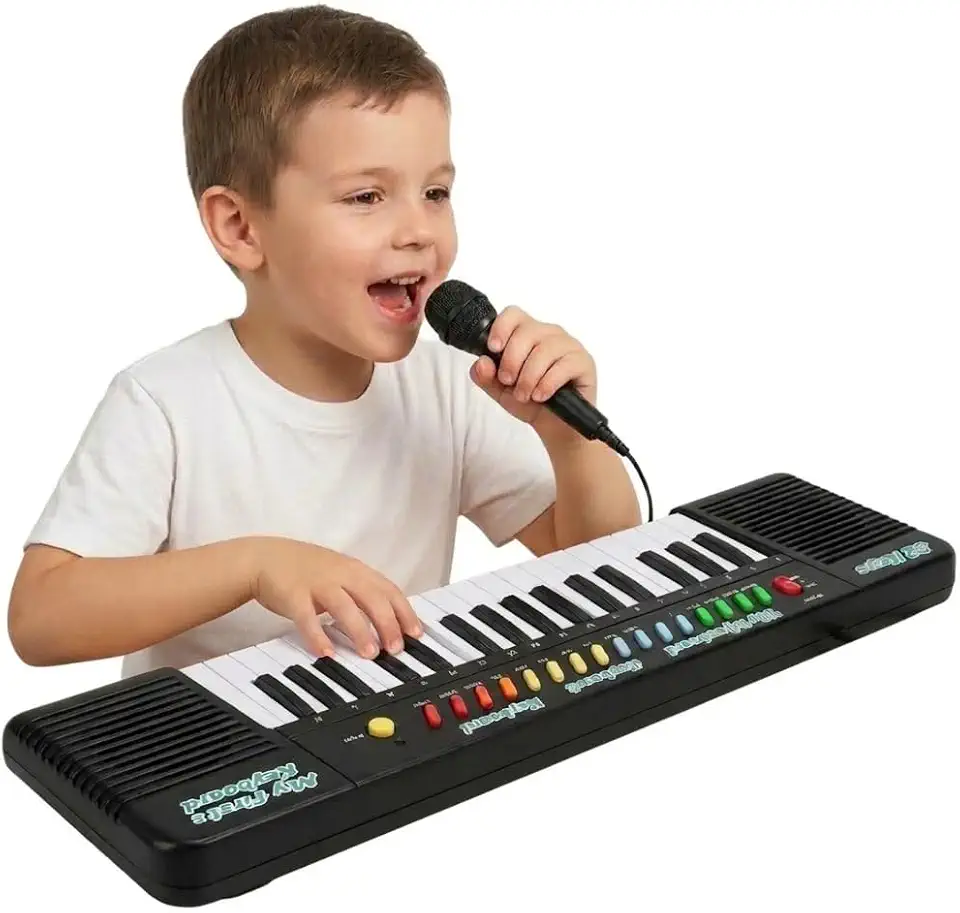 Teclado Infantil 32 Teclas com Microfone – Piano Musical Eletrônico com Karaokê, Luzes e Sons, Brinquedo Educativo para Crianças