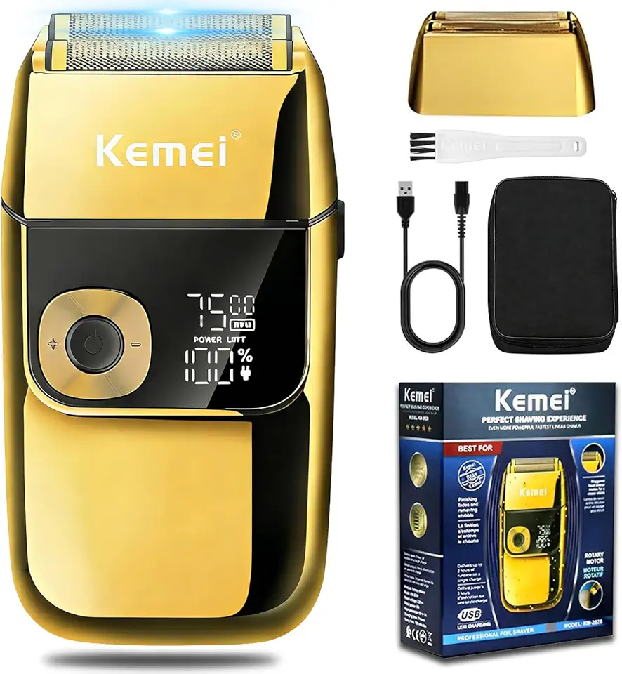 Lâminas de barbear elétricas KEMEI para homens, LCD Display Navalhas masculinas sem fio, USB recarregável com aparador de barba pop-up Melhor presente de viagem mundial, Modelo KM 2028, Ouro