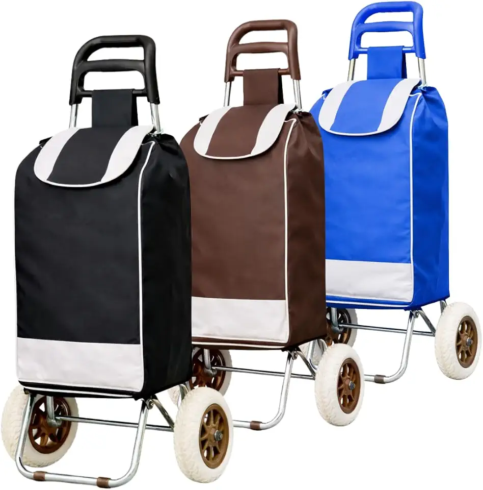 Carrinho de Compras Dobrável com 2 Rodas Grandes Bolsa Removível Estrutura Reforçada Bolso com Zíper Suporta até 30 kg (Azul)
