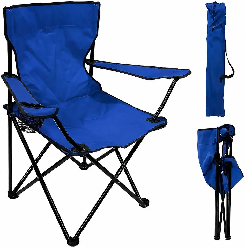 Cadeira Camping Dobrável Reforçada com Porta-Copos e Bolsa de Transporte – Estrutura em Aço (Pé de Ferro), Tecido Poliéster Resistente, Suporta até 120kg – Ideal para Praia, Pesca e Lazer (azul)