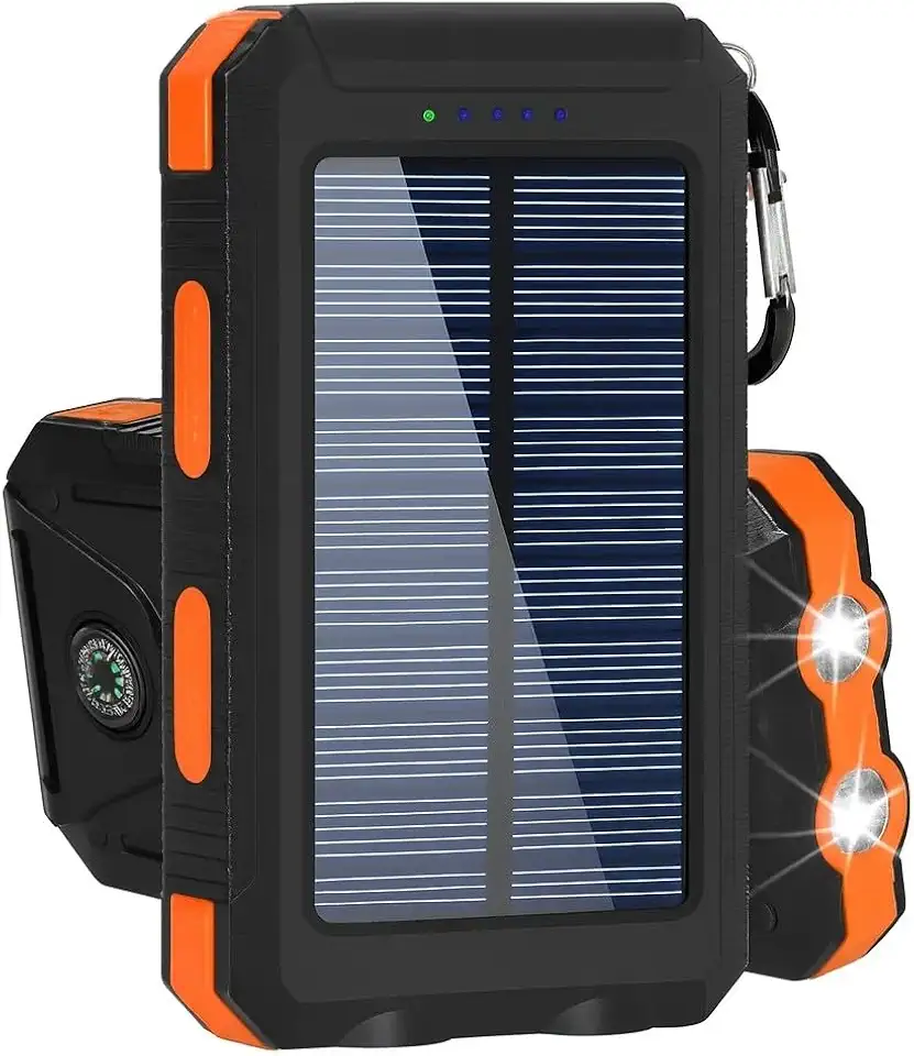 Carregador Portátil Power Bank Solar 10000mAh, Laranja, IP4 Impermeável, com Lanterna LED Potente e Mosquetão, para Viagens, acampamento, praia e aventuras ao ar livre, Cor Laranja
